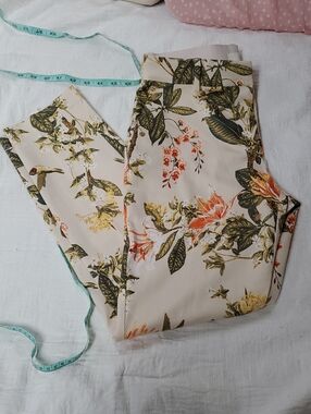 H&M Cream Floral Straight Leg Pants with Green and Orange Print